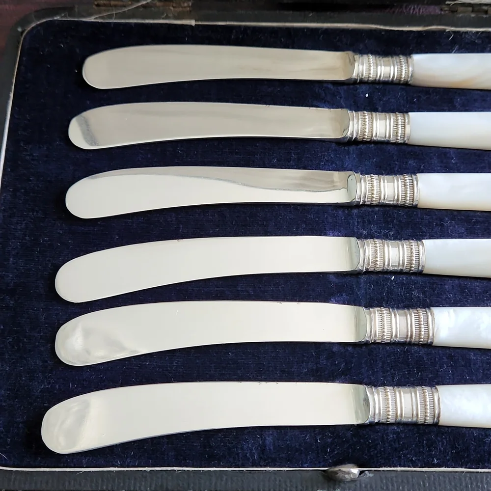 Vintage Set of 6 Silver Plate Mother of Pearl Handled butter knives